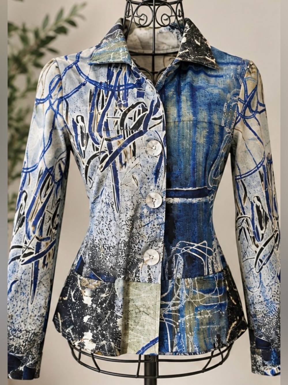 DCZ Abstract Graffiti Print Blazer Jacket Blue Black Y2K Women’s M